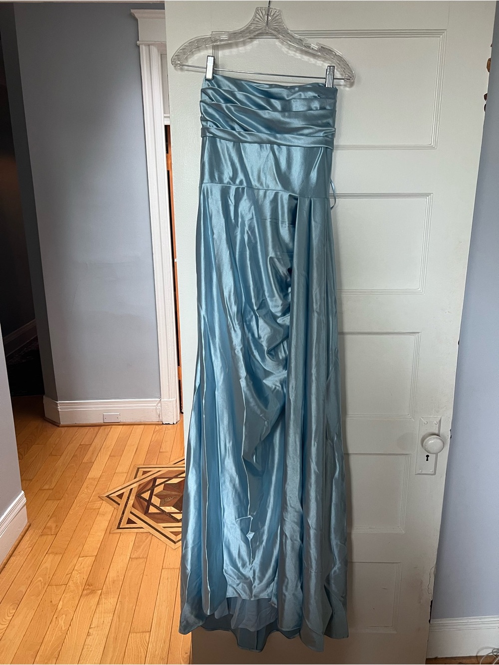 Strapless Satin Maxi Skirt in Light Blue